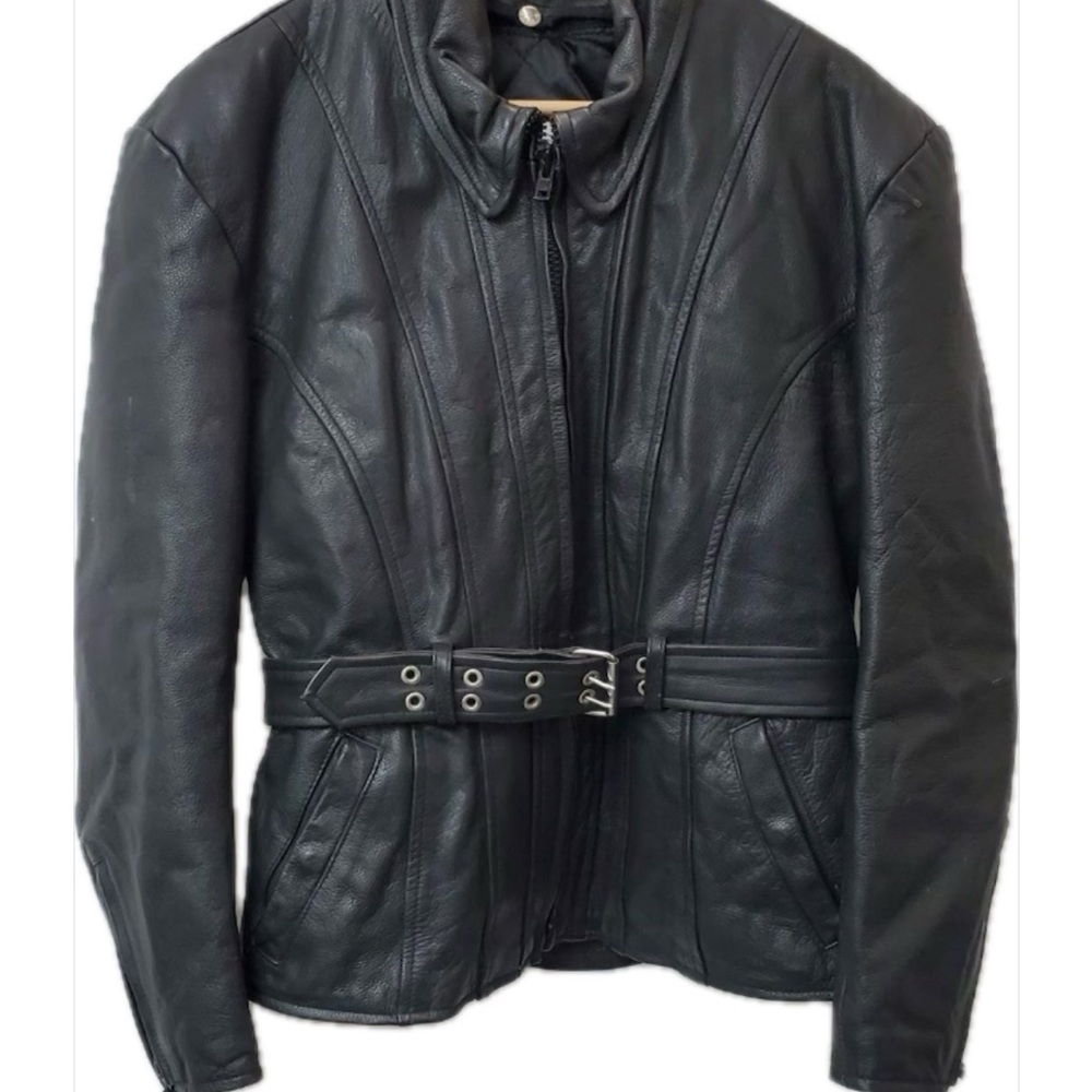 Vintage Black Leather moto Jacket with Belt
